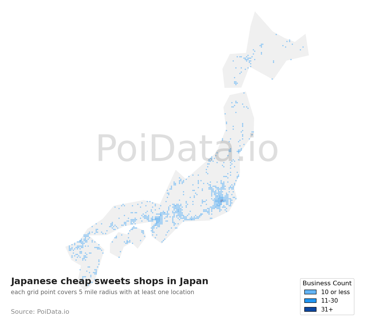 Japanese cheap sweets shop density map for Higashimuro District, Wakayama, Japan