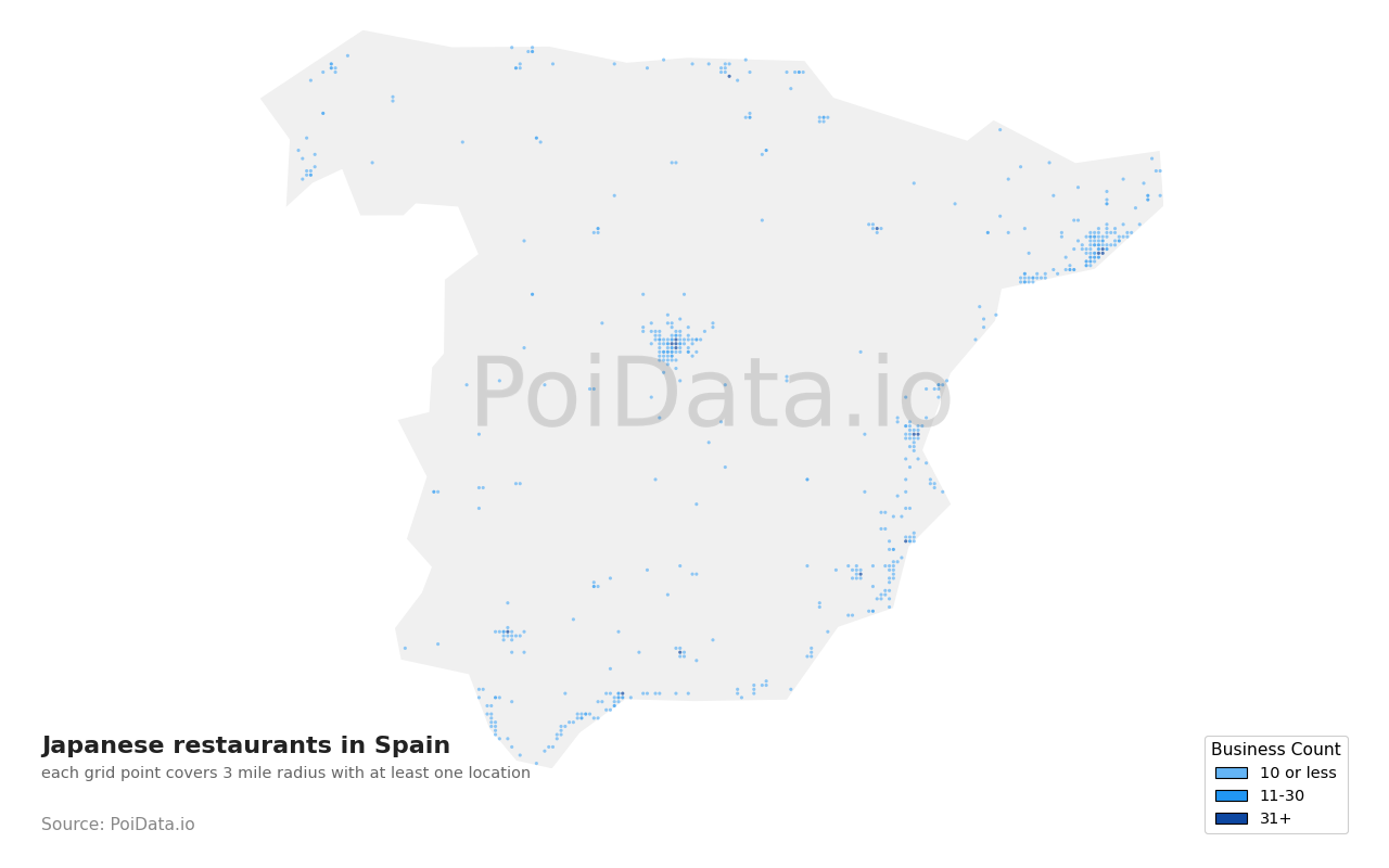Japanese restaurant density map for Spain