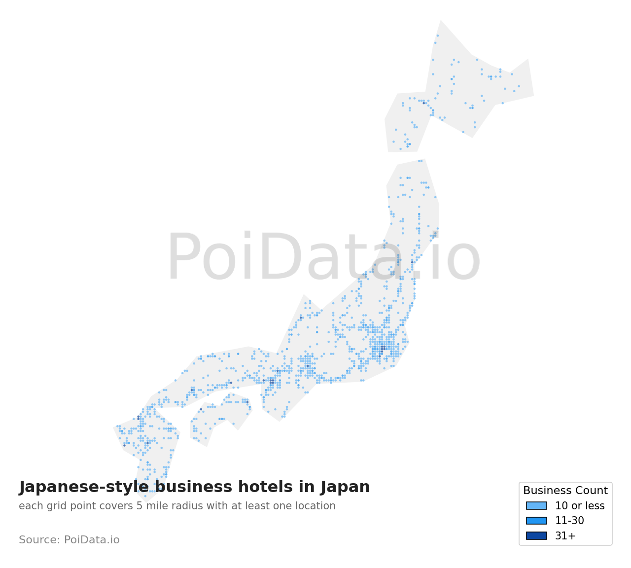 Japanese-style business hotel density map for Japan