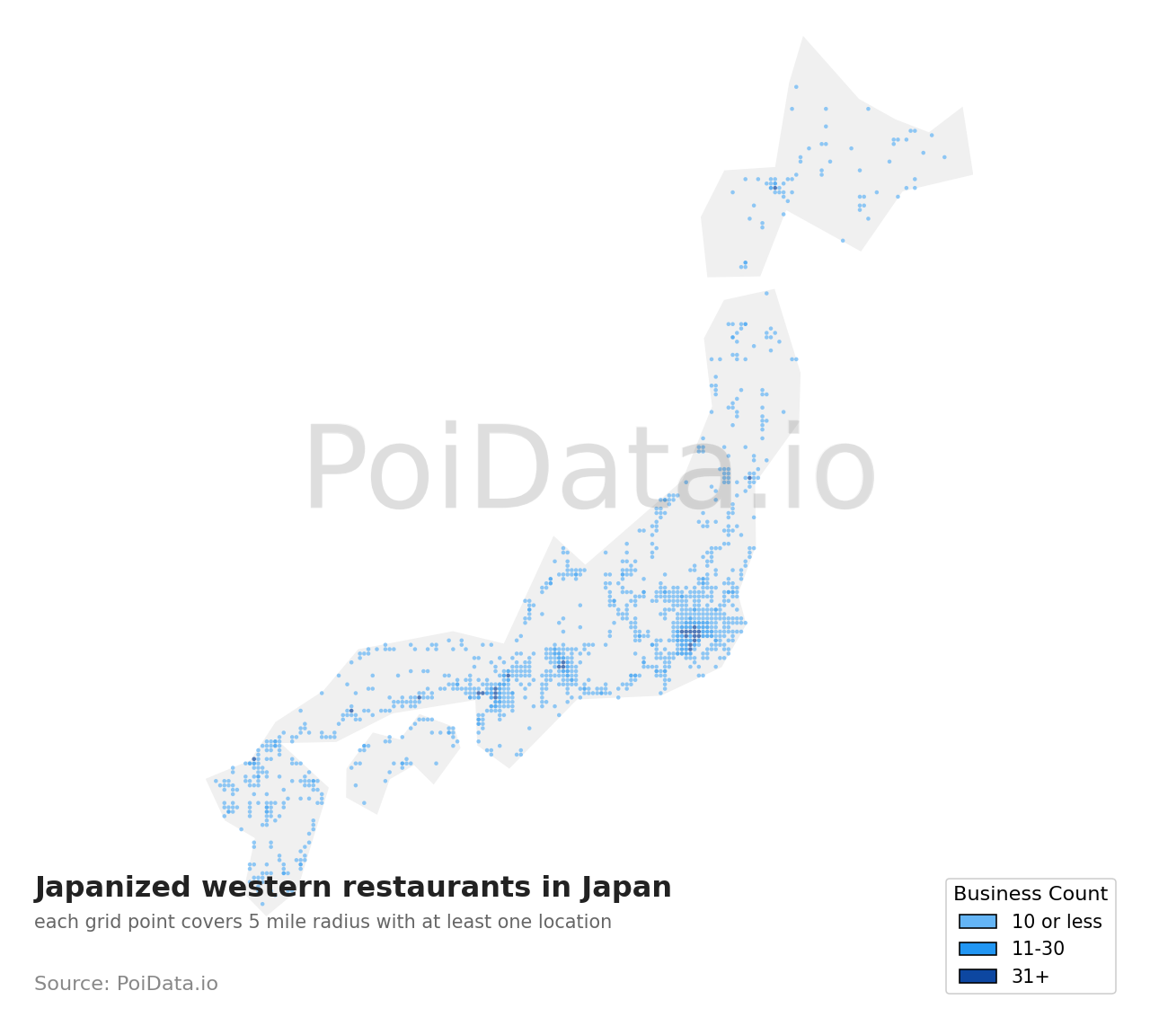 Japanized western restaurant density map for Japan