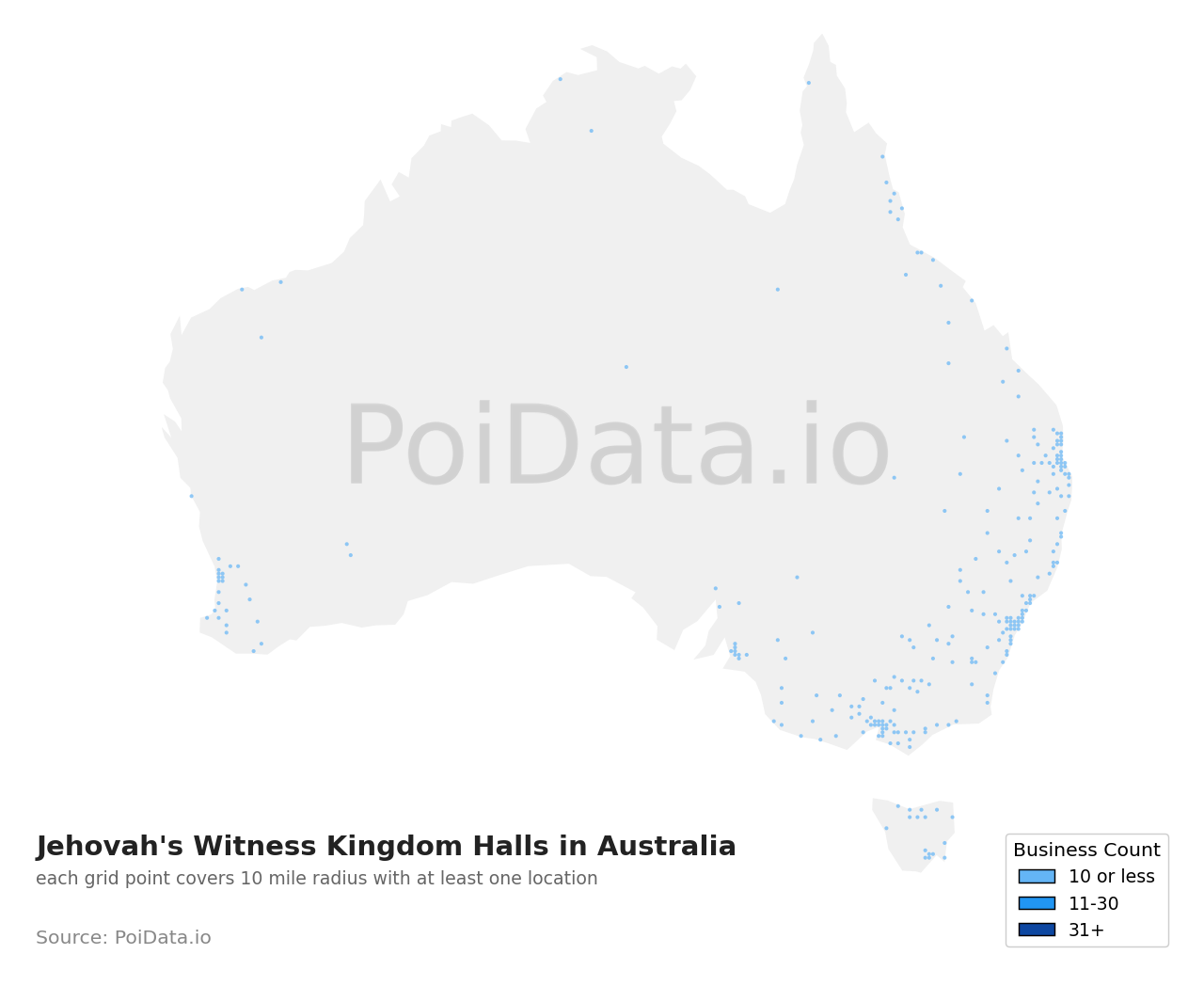 Jehovah's Witness Kingdom Hall density map for Australia