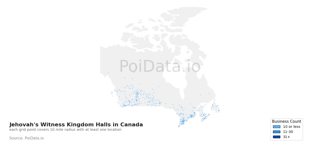 Jehovah's Witness Kingdom Hall density map for Prince Edward Island, Canada