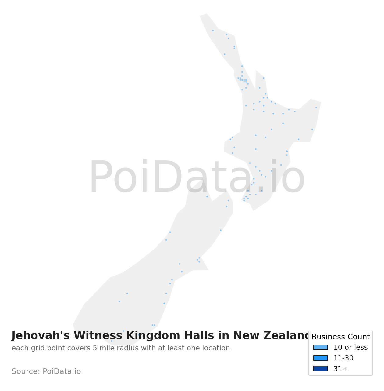Jehovah's Witness Kingdom Hall density map for New Zealand