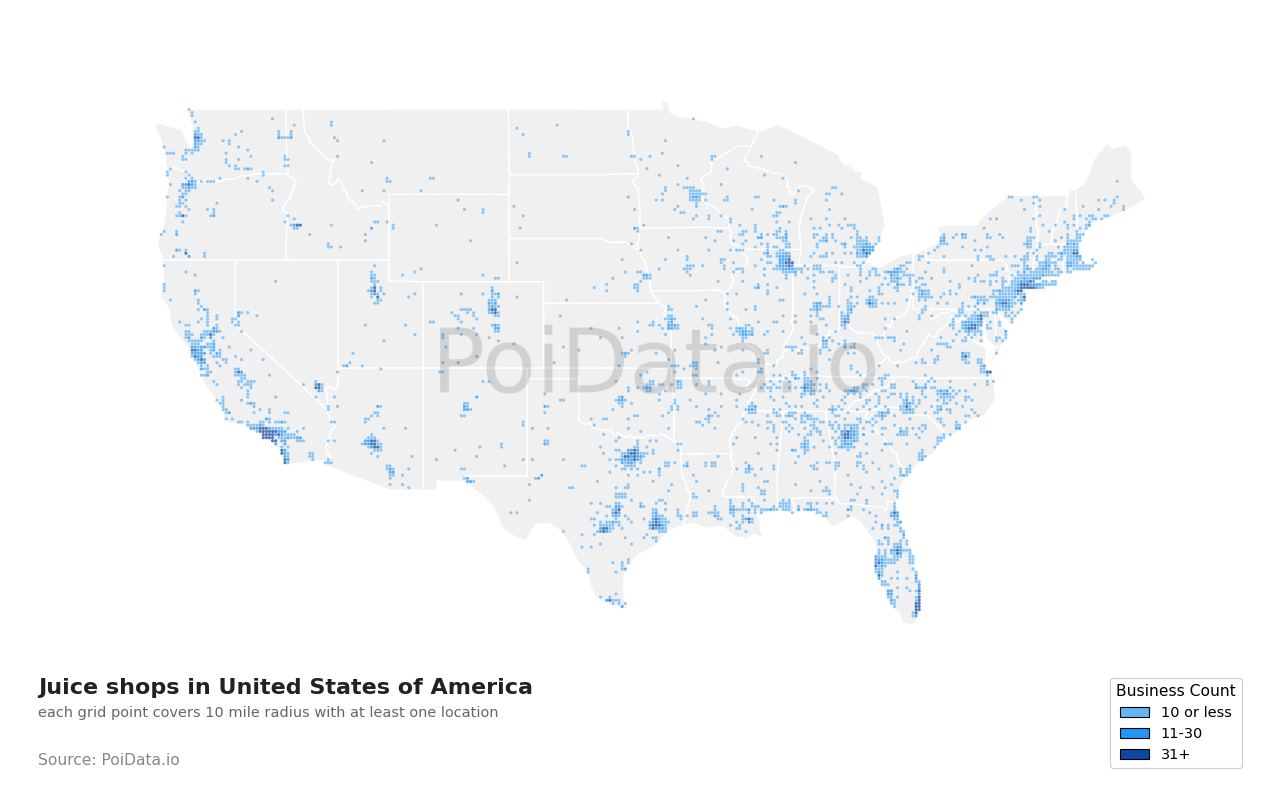 Juice shop density map for California, United States