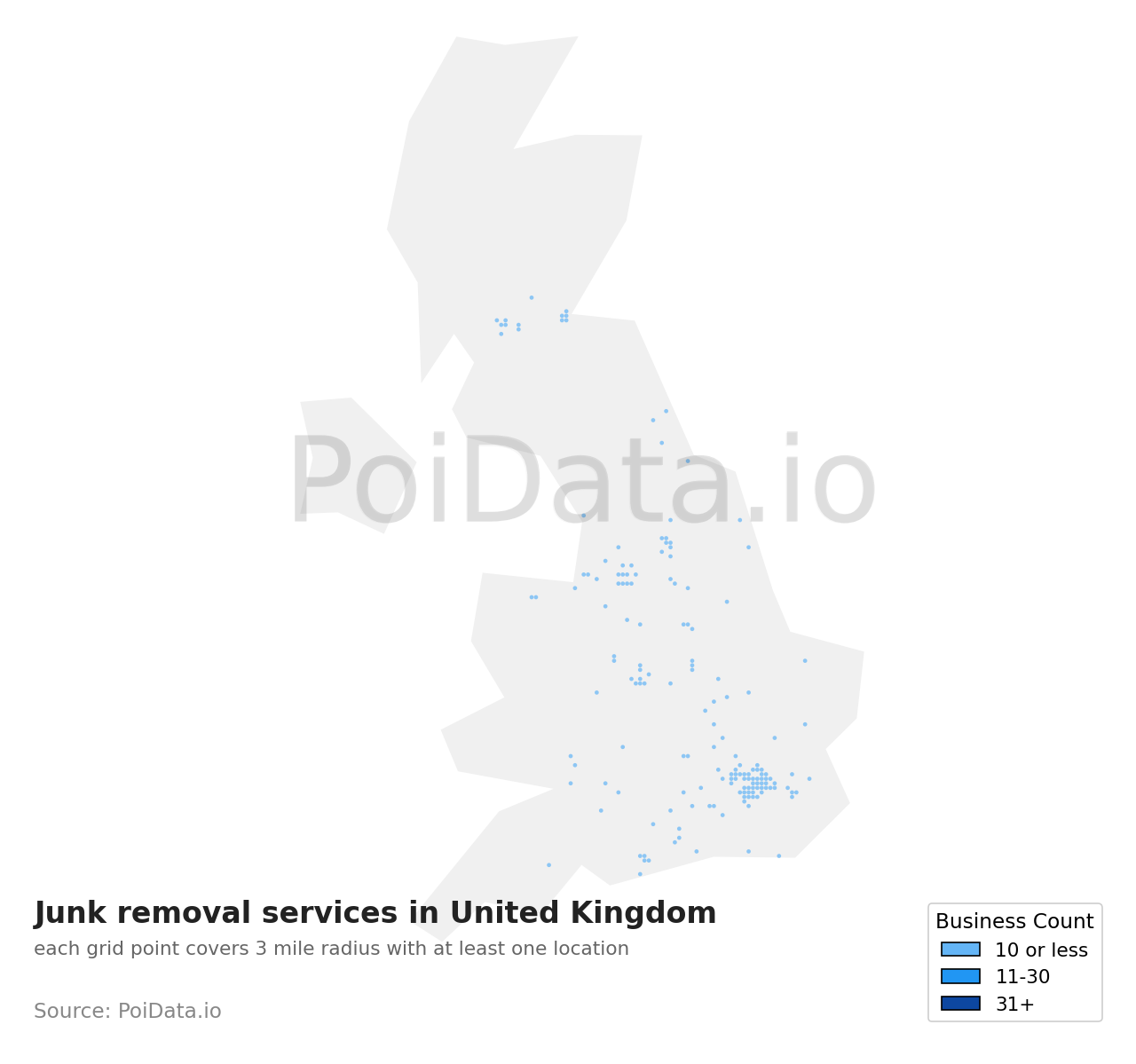 Junk removal service density map for United Kingdom