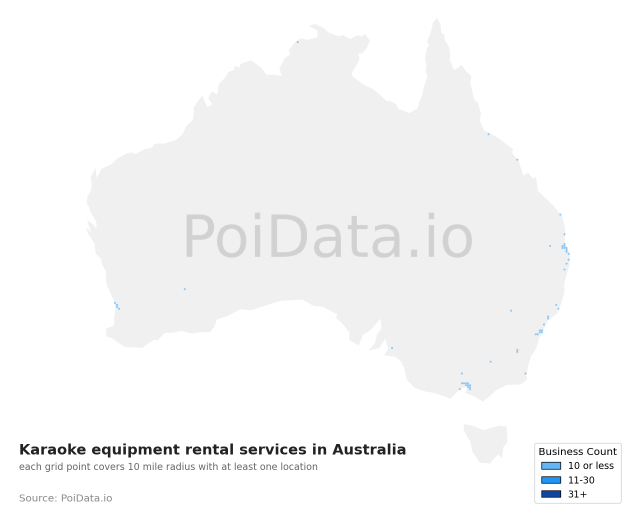 Karaoke equipment rental service density map for Australia