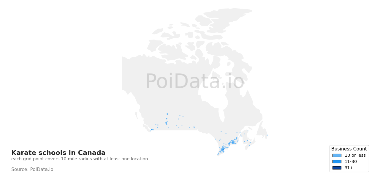 Karate school density map for Quebec, Canada