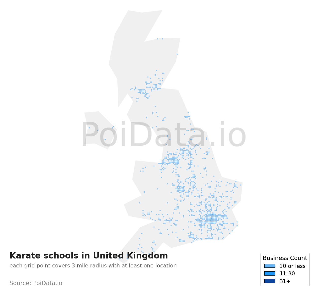 Karate school density map for United Kingdom
