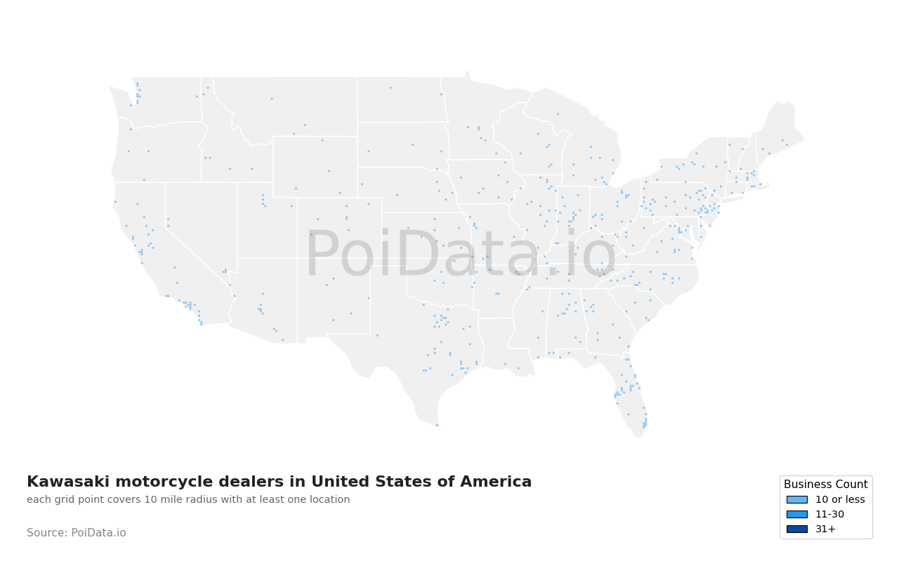 Kawasaki motorcycle dealer density map for California, United States