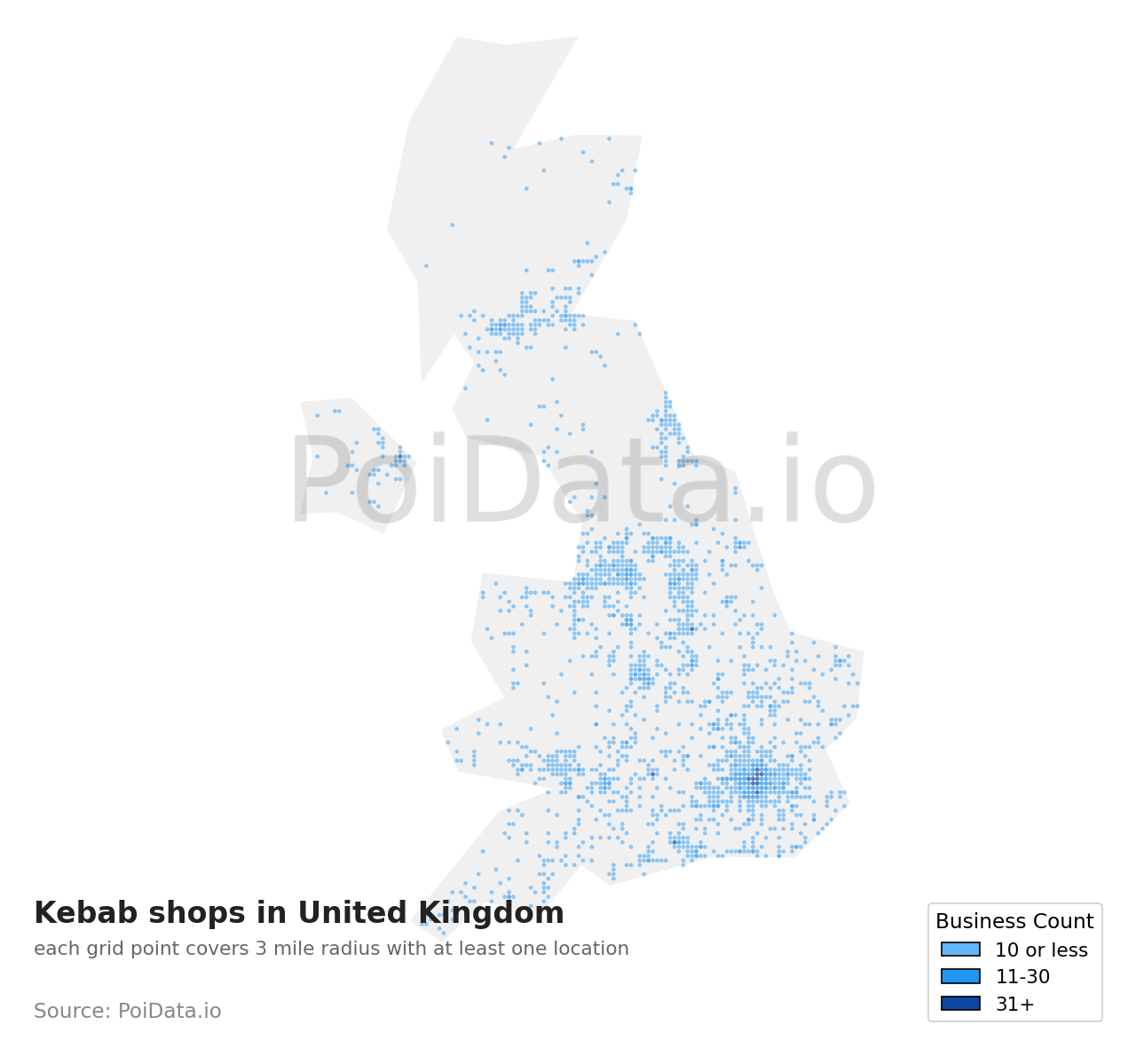 Kebab shop density map for United Kingdom