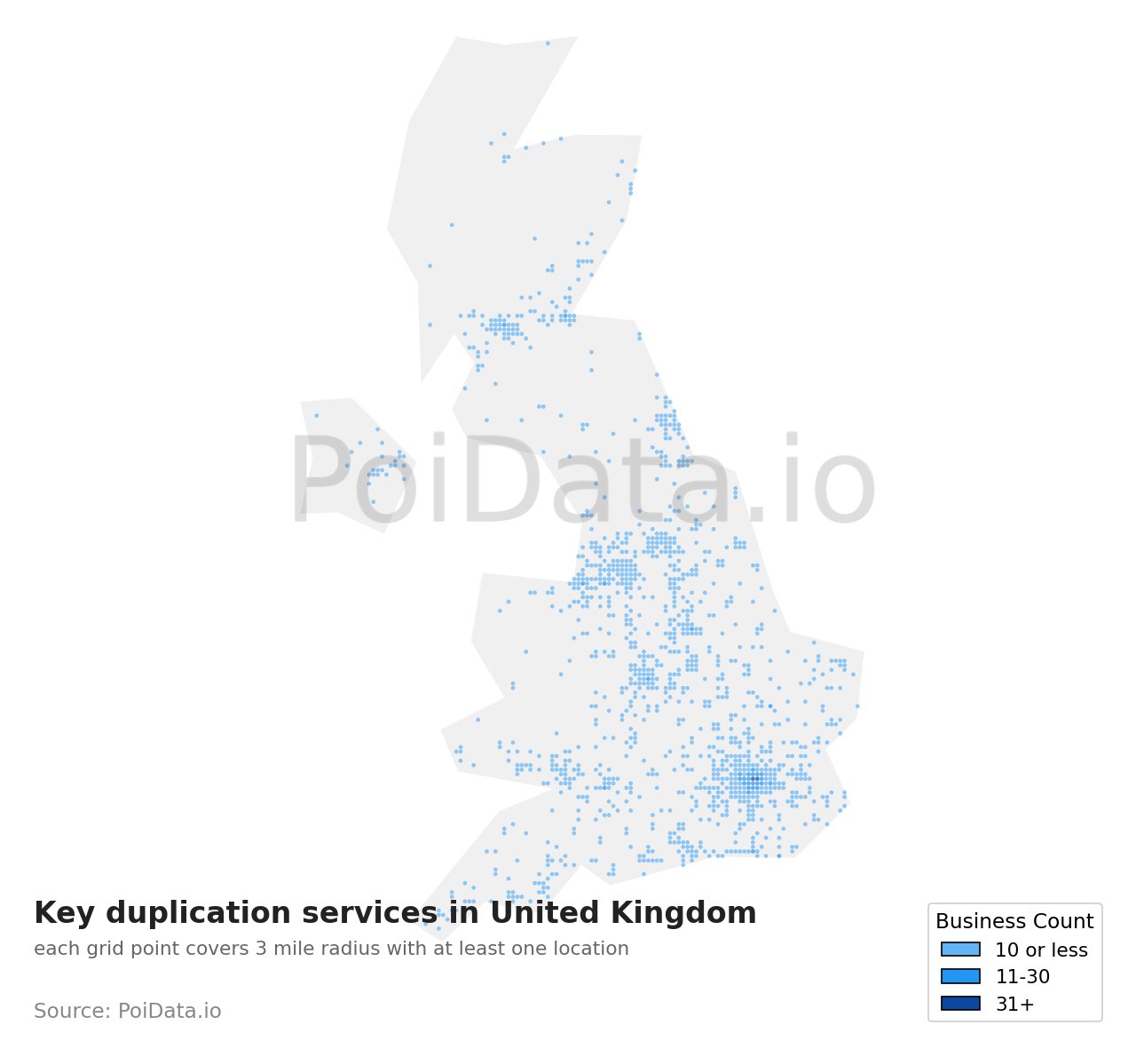 Key duplication service density map for United Kingdom