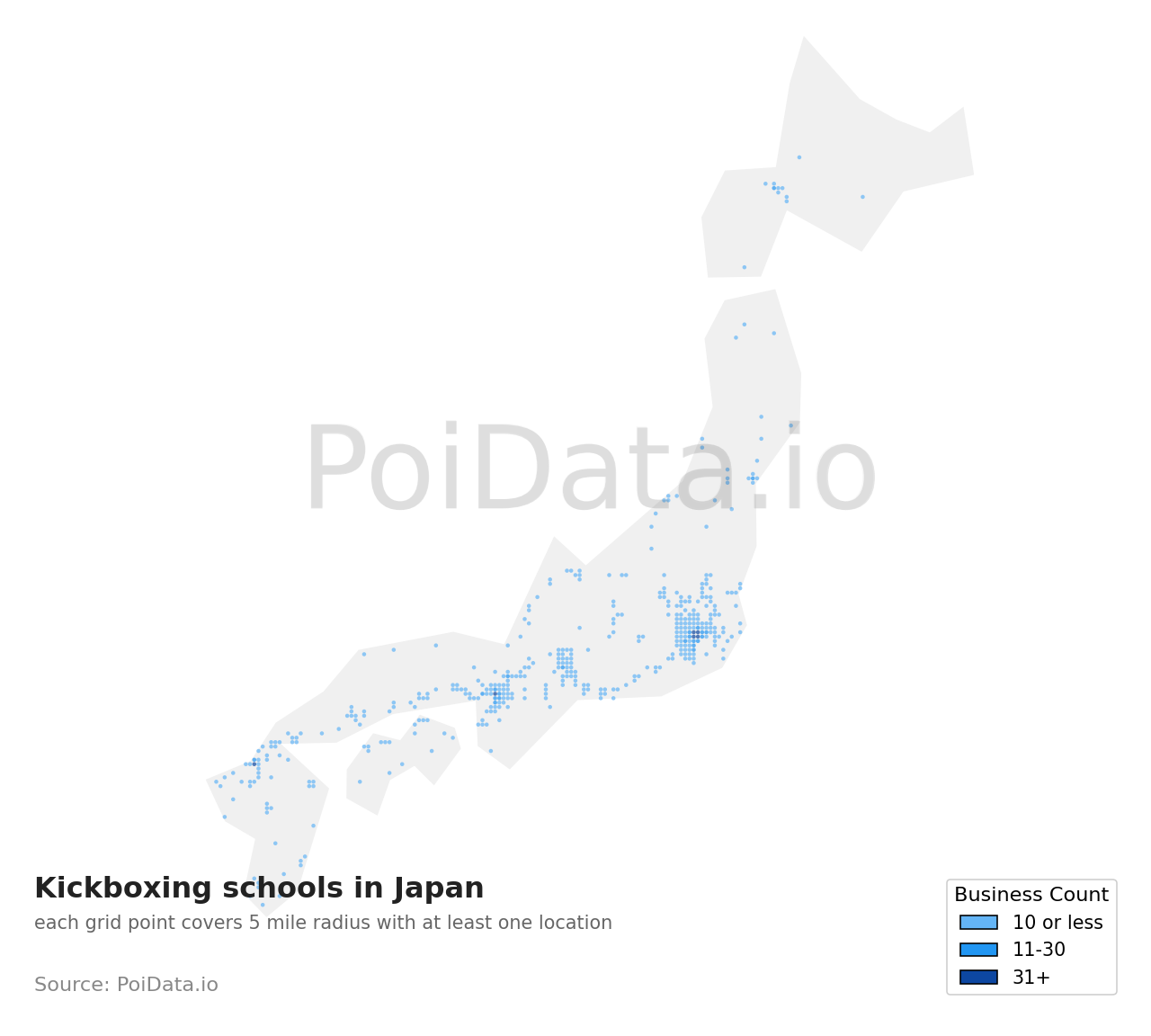 Kickboxing school density map for Japan