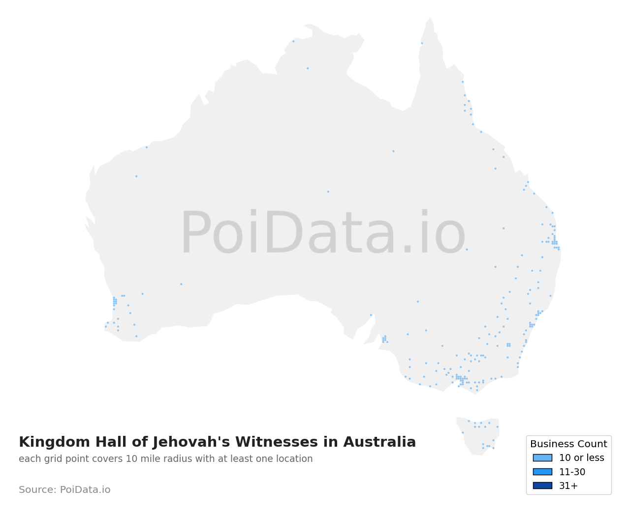 Kingdom Hall of Jehovah's Witnesses density map for Australia