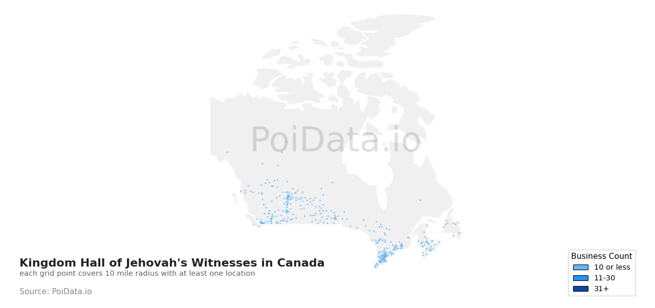 Kingdom Hall of Jehovah's Witnesses density map for Canada