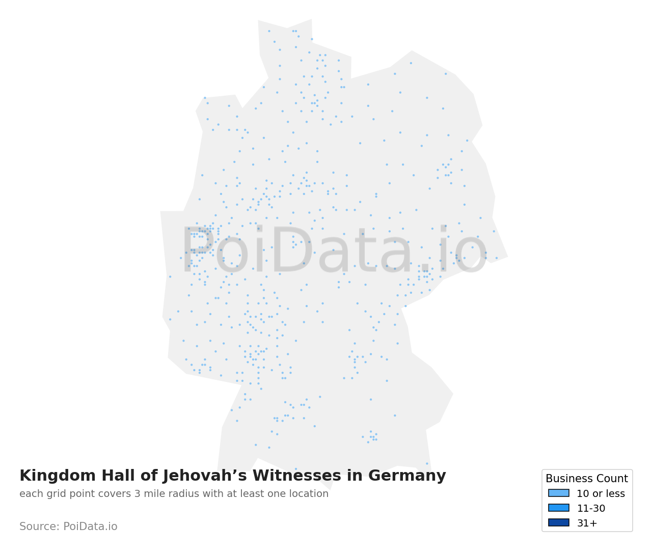 Kingdom Hall of Jehovah’s Witnesses density map for Germany