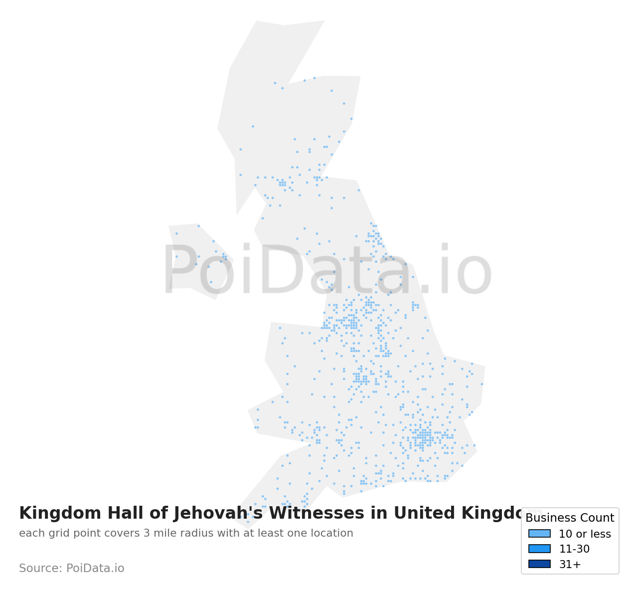 Kingdom Hall of Jehovah's Witnesses density map for United Kingdom