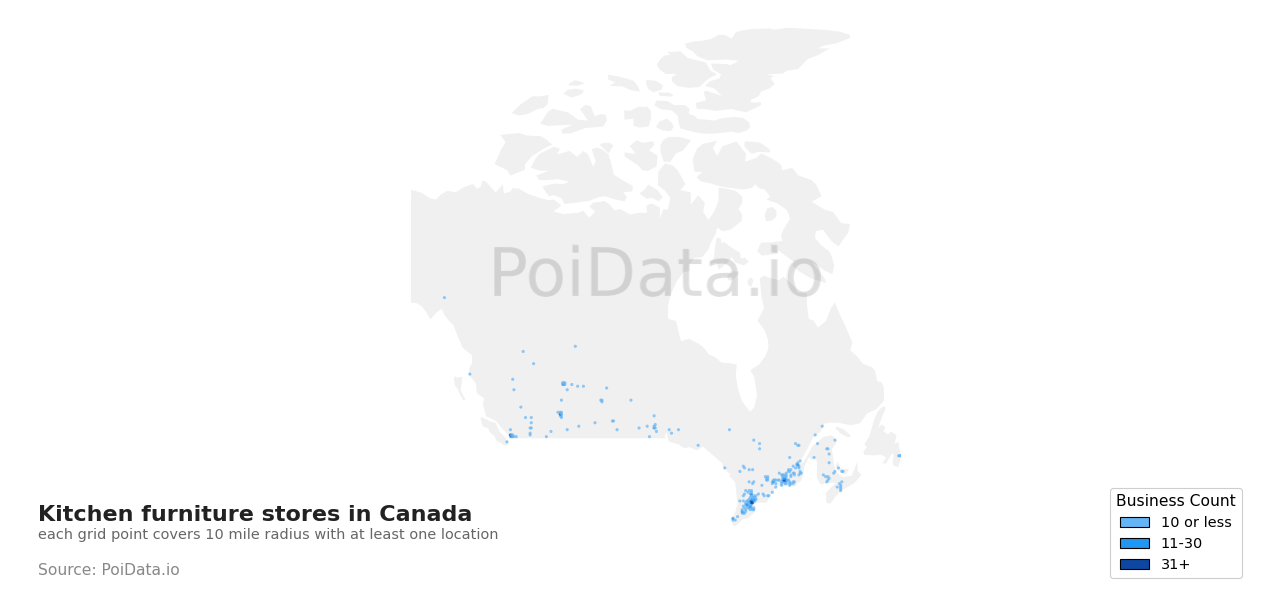 Kitchen furniture store density map for Alberta, Canada