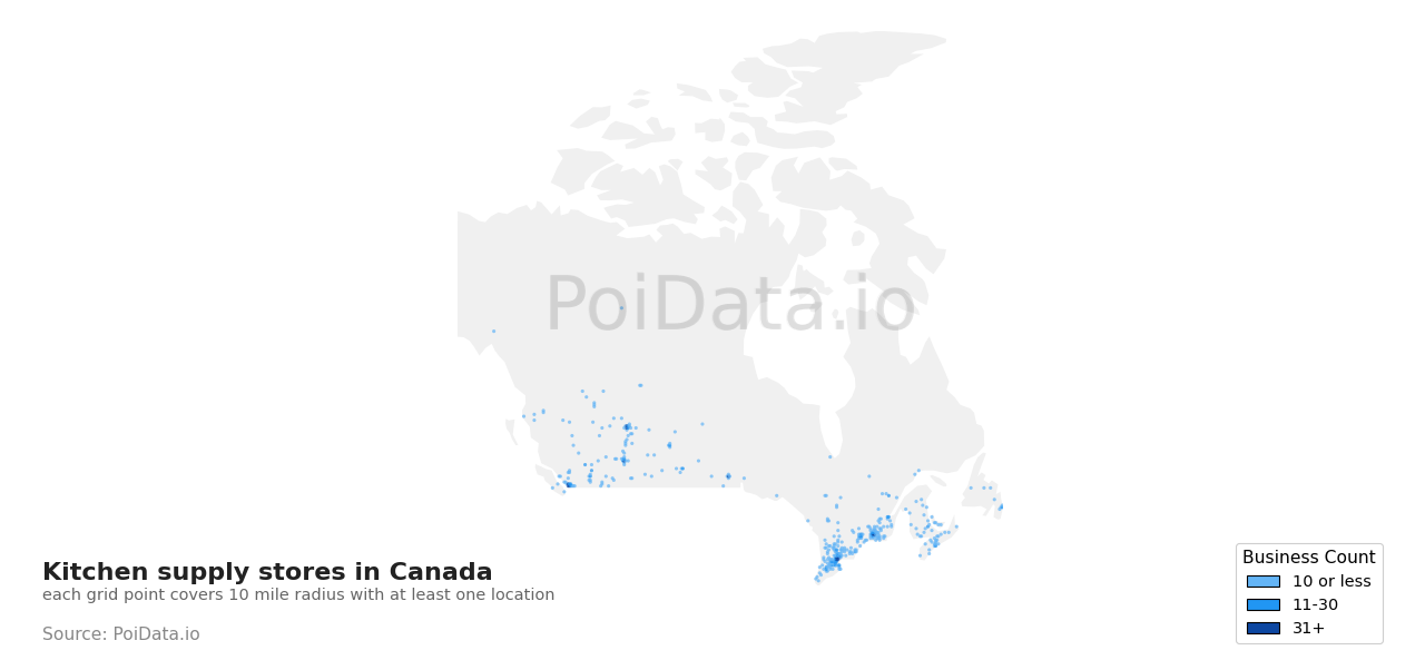 Kitchen supply store density map for Canada