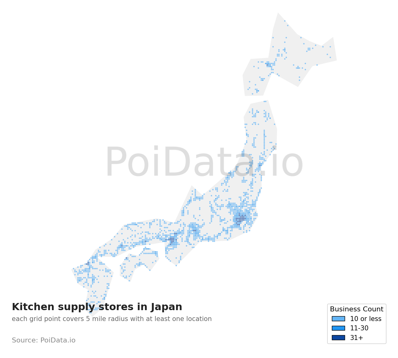 Kitchen supply store density map for Kawabe District, Hyogo, Japan