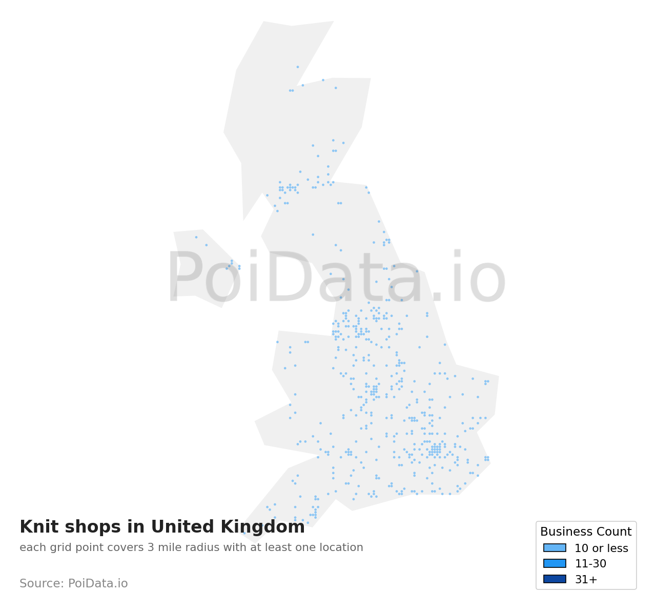 Knit shop density map for United Kingdom