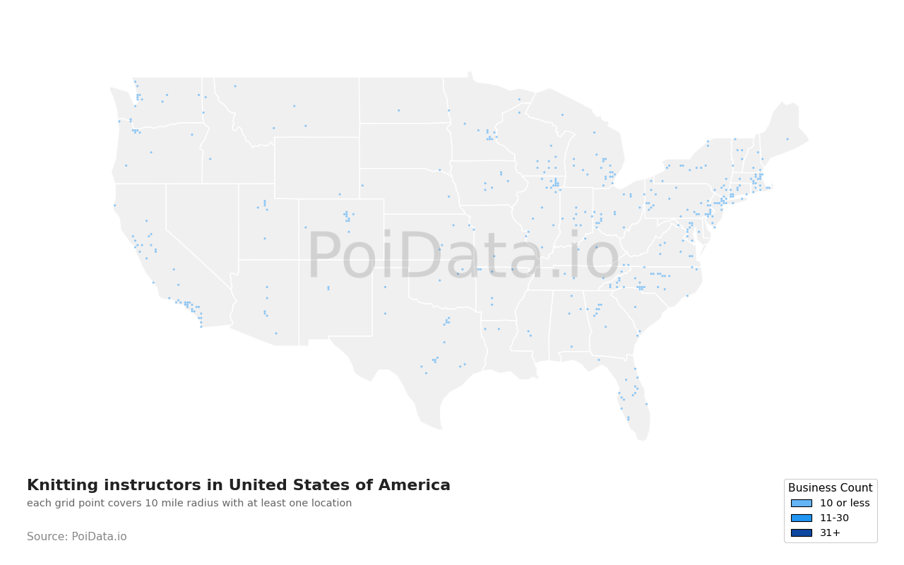 Knitting instructor density map for Texas, United States