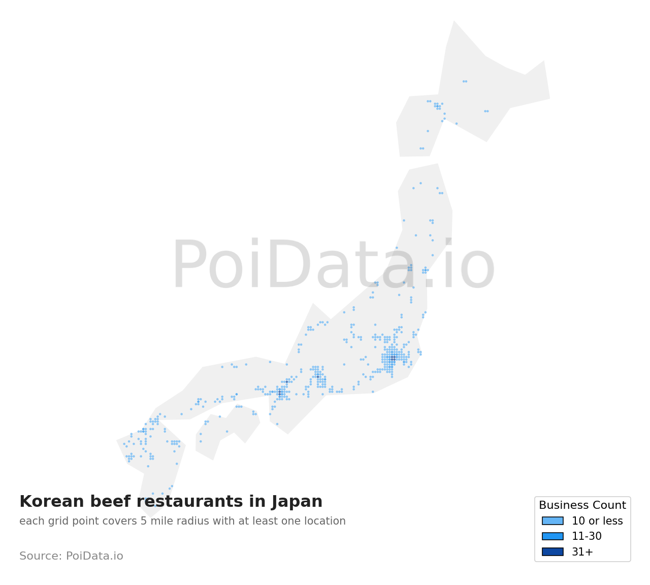Korean beef restaurant density map for Japan