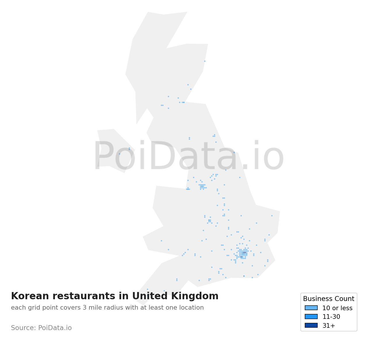 Korean restaurant density map for United Kingdom
