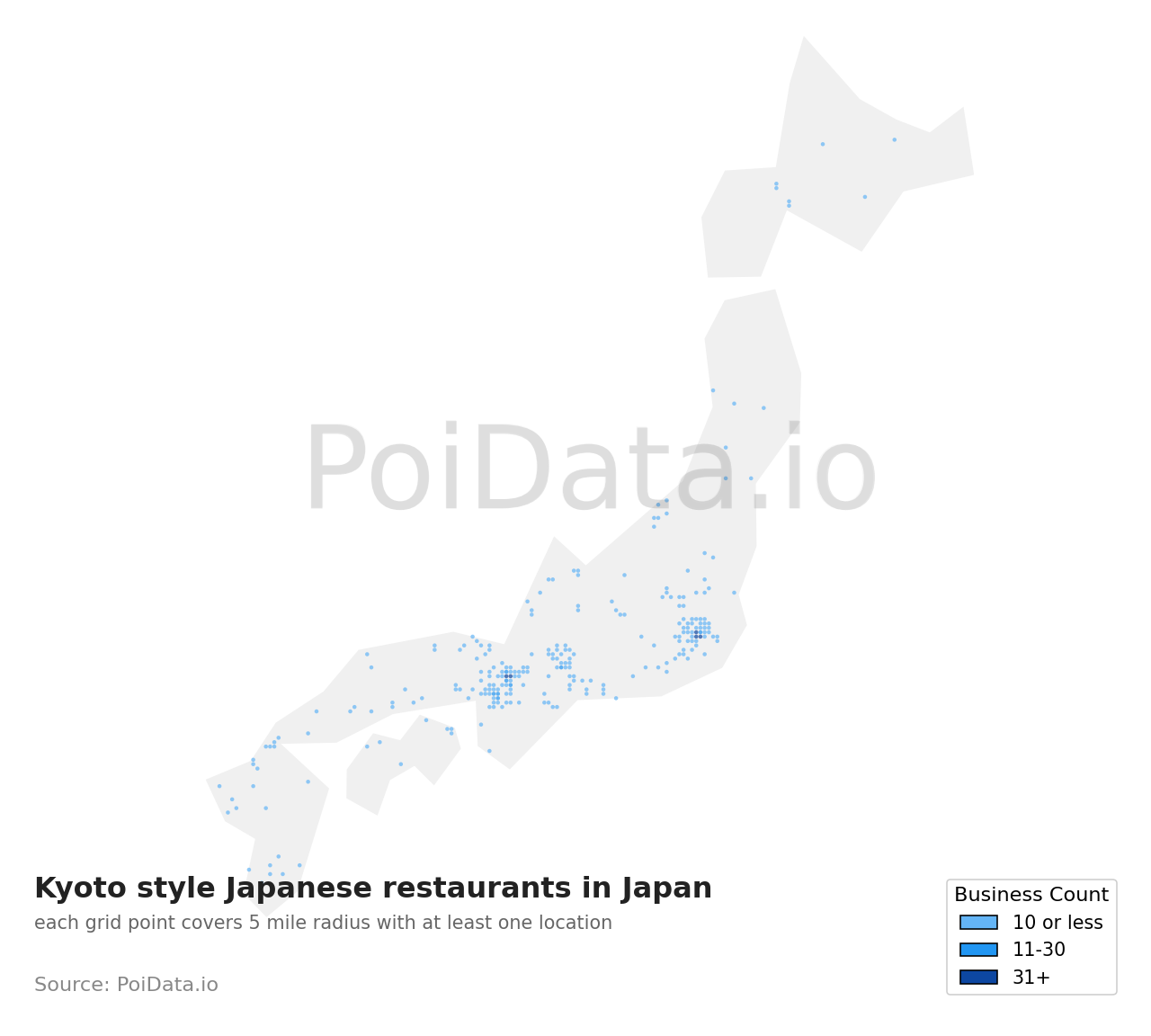 Kyoto style Japanese restaurant density map for Japan