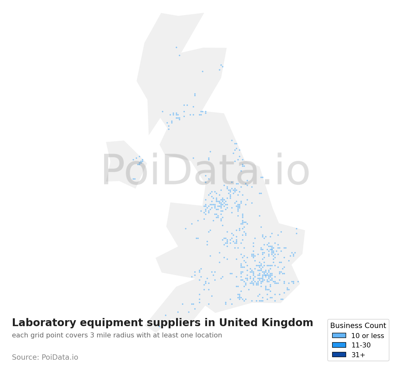 Laboratory equipment supplier density map for United Kingdom
