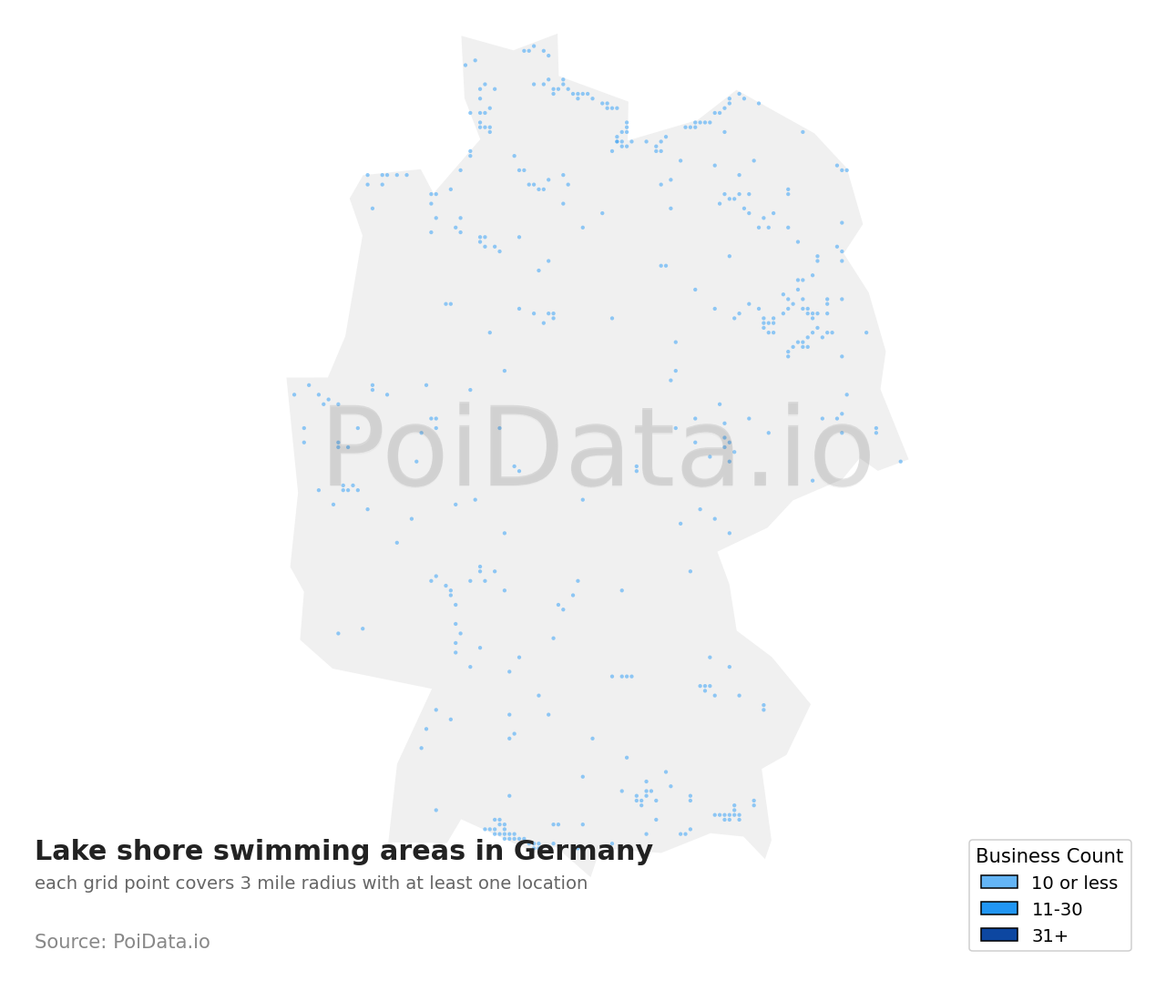 Lake shore swimming area density map for Germany