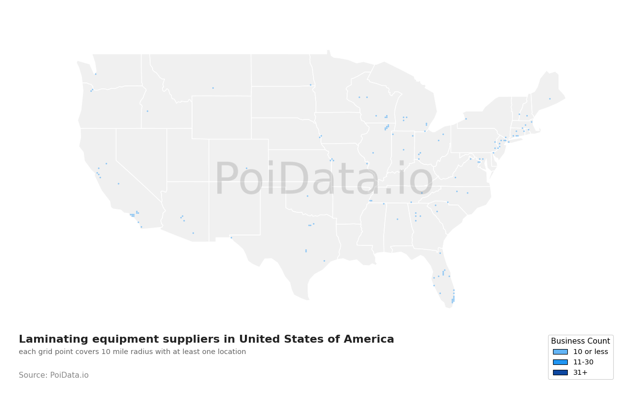 Laminating equipment supplier density map for United States