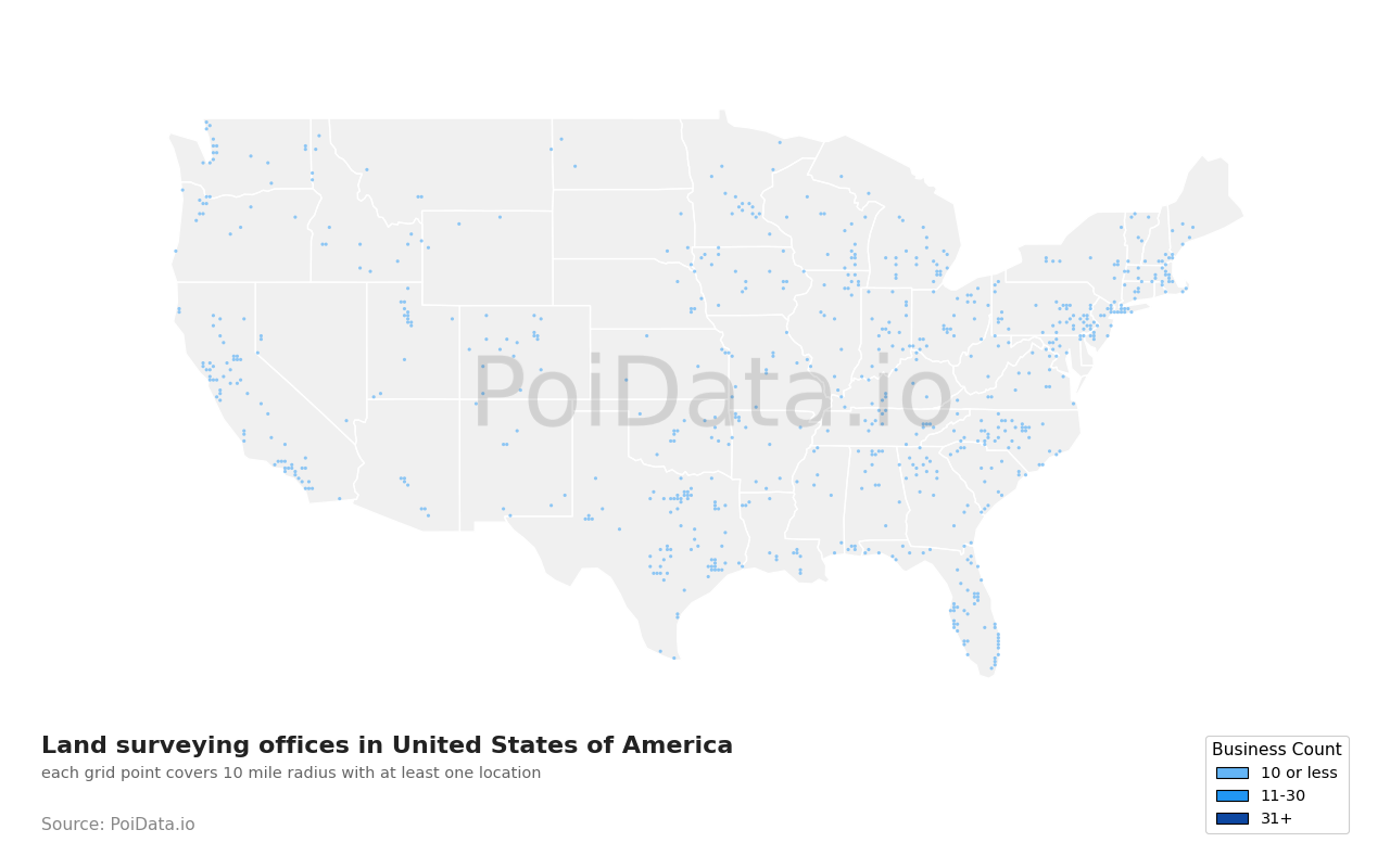 Land surveying office density map for United States