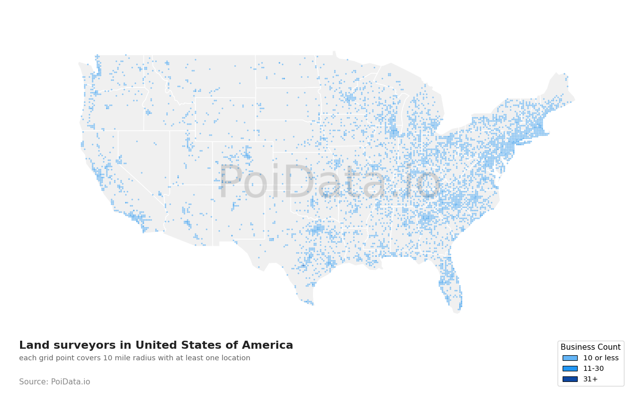 Land surveyor density map for Florida, United States
