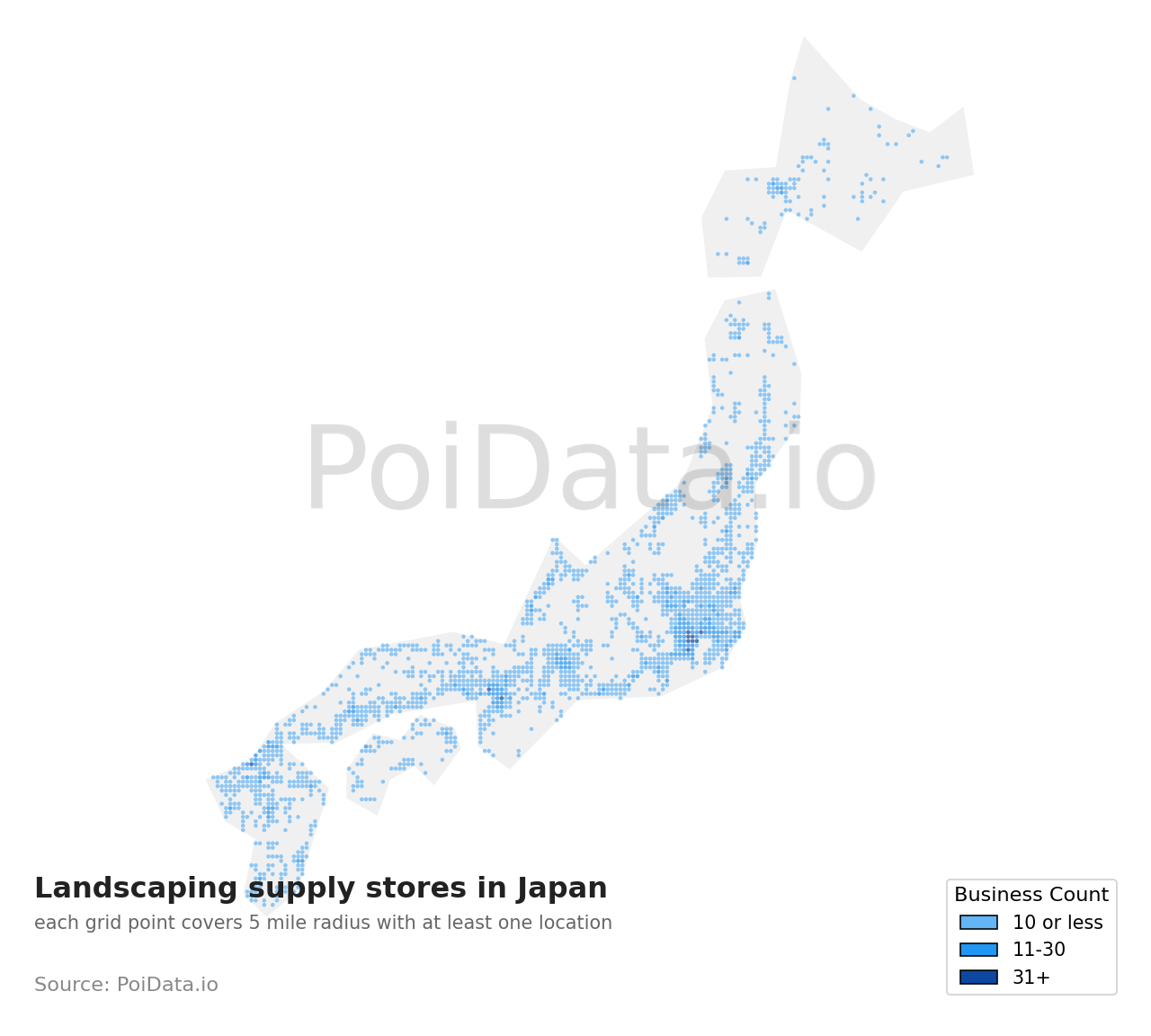 Landscaping supply store density map for Japan