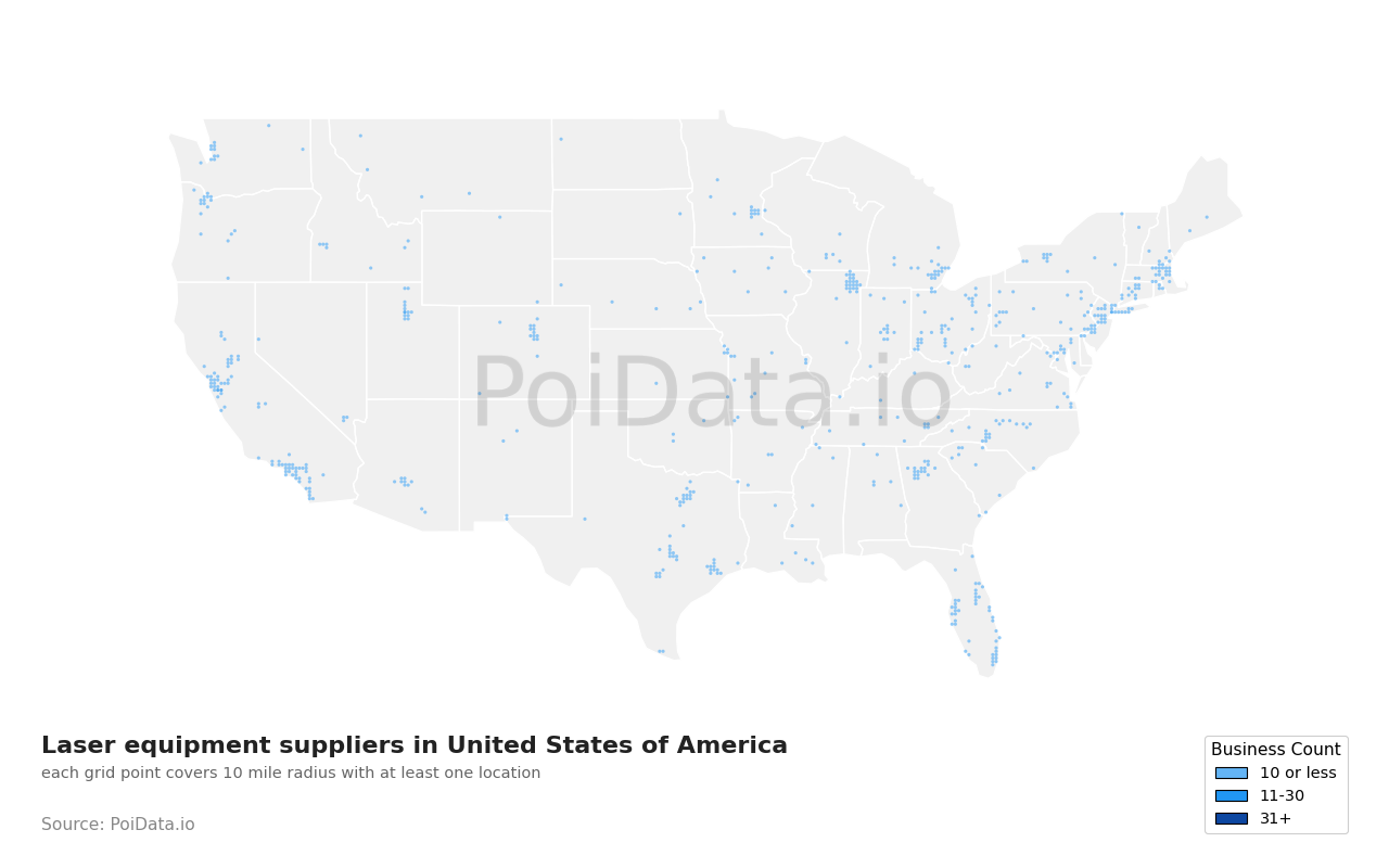 Laser equipment supplier density map for Florida, United States