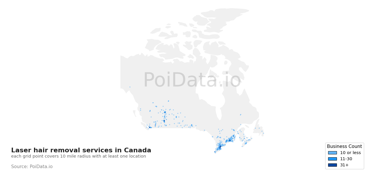 Laser hair removal service density map for Nova Scotia, Canada
