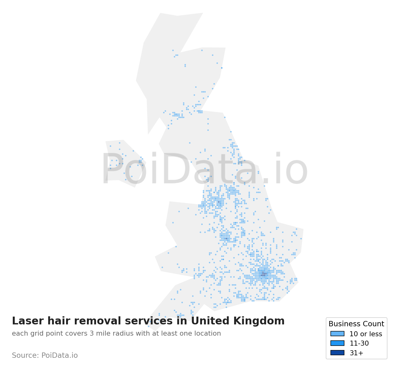 Laser hair removal service density map for United Kingdom