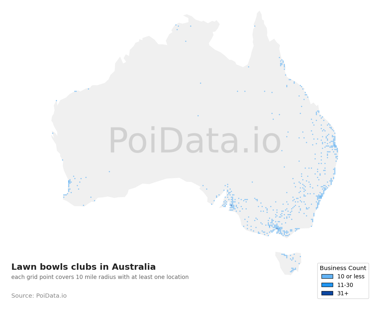 Lawn bowls club density map for New South Wales, Australia