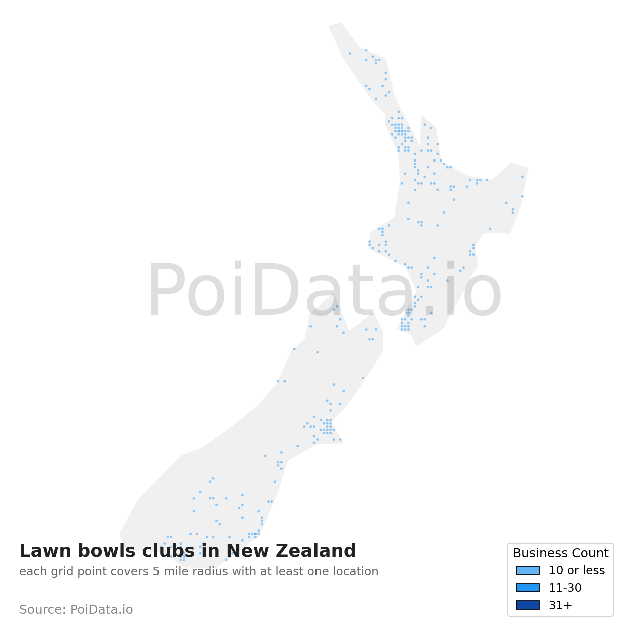Lawn bowls club density map for New Zealand