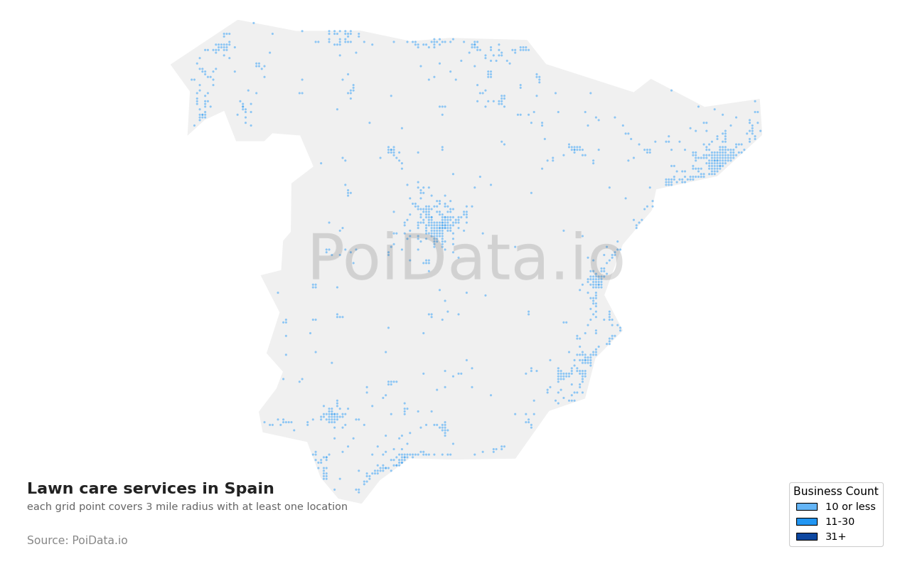 Lawn care service density map for Spain