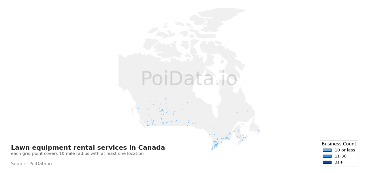 Lawn equipment rental service density map for Canada