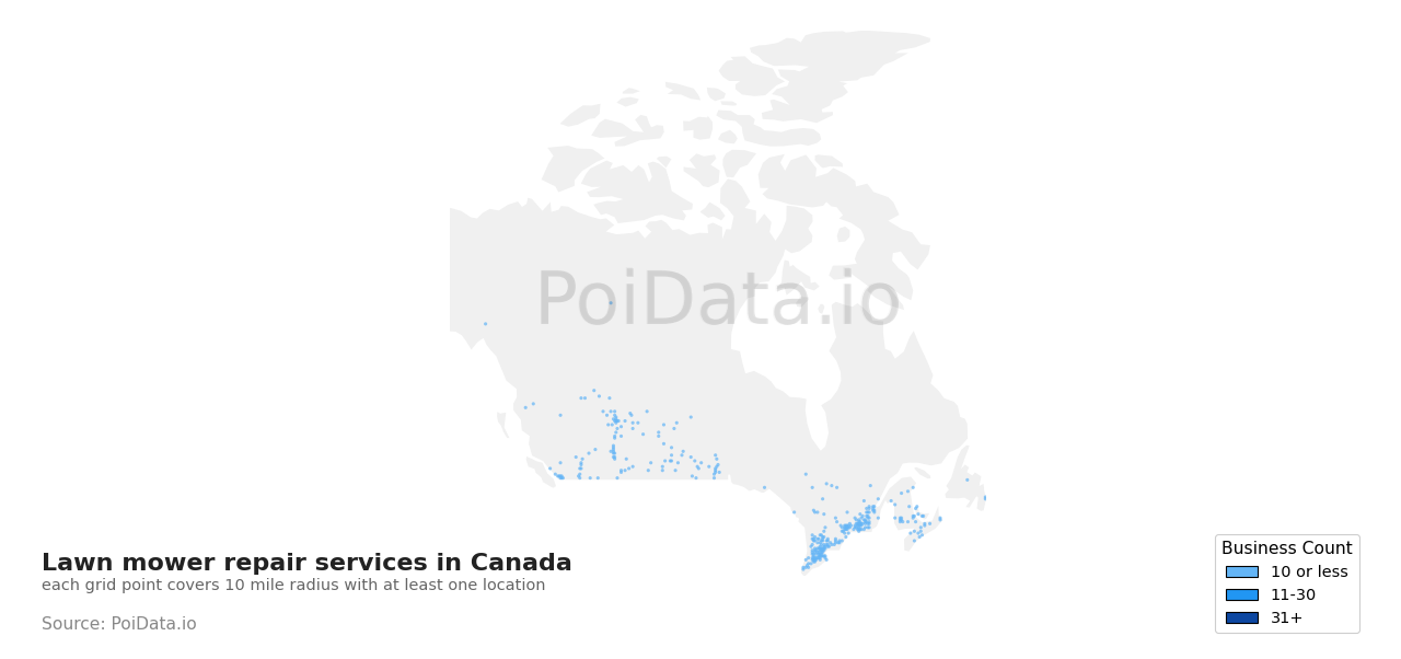 Lawn mower repair service density map for Canada