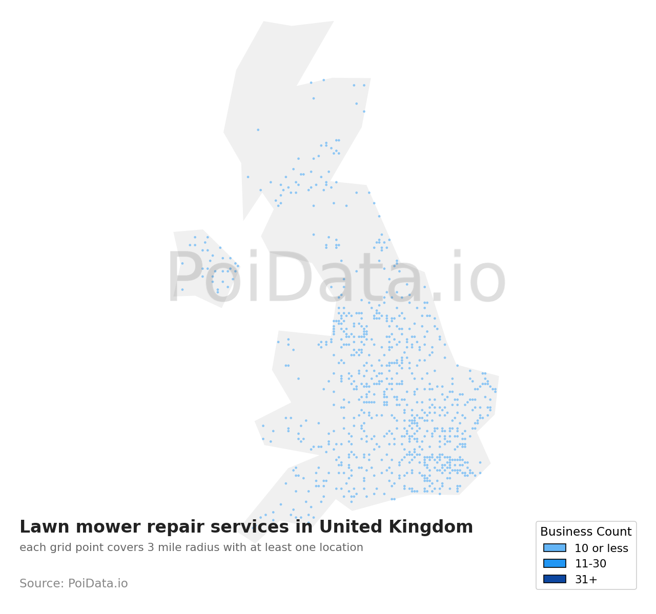 Lawn mower repair service density map for United Kingdom