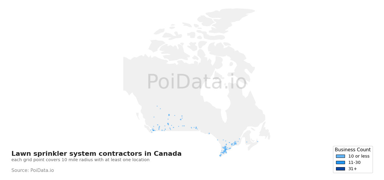 Lawn sprinkler system contractor density map for British Columbia, Canada
