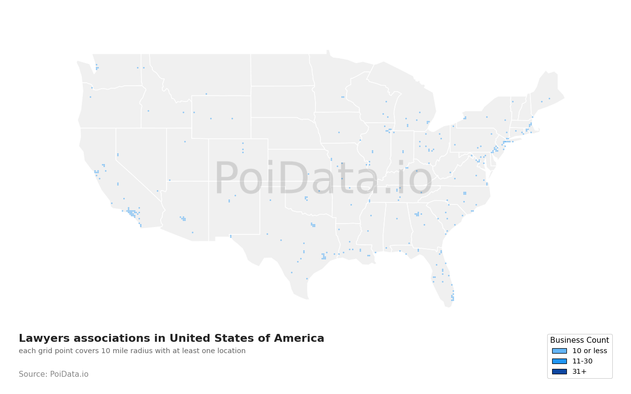 Lawyers association density map for California, United States