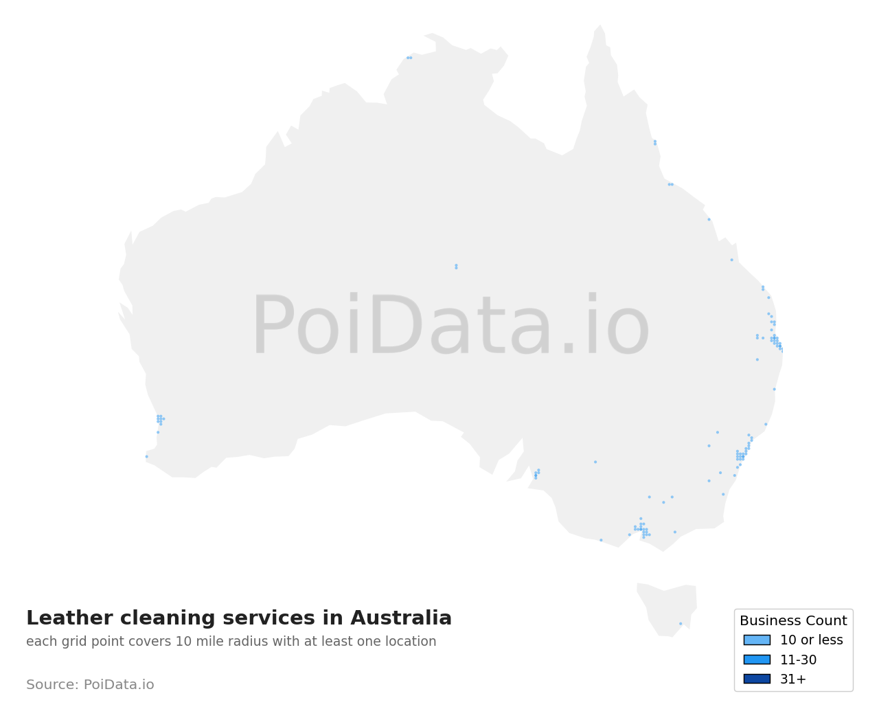 Leather cleaning service density map for Australia