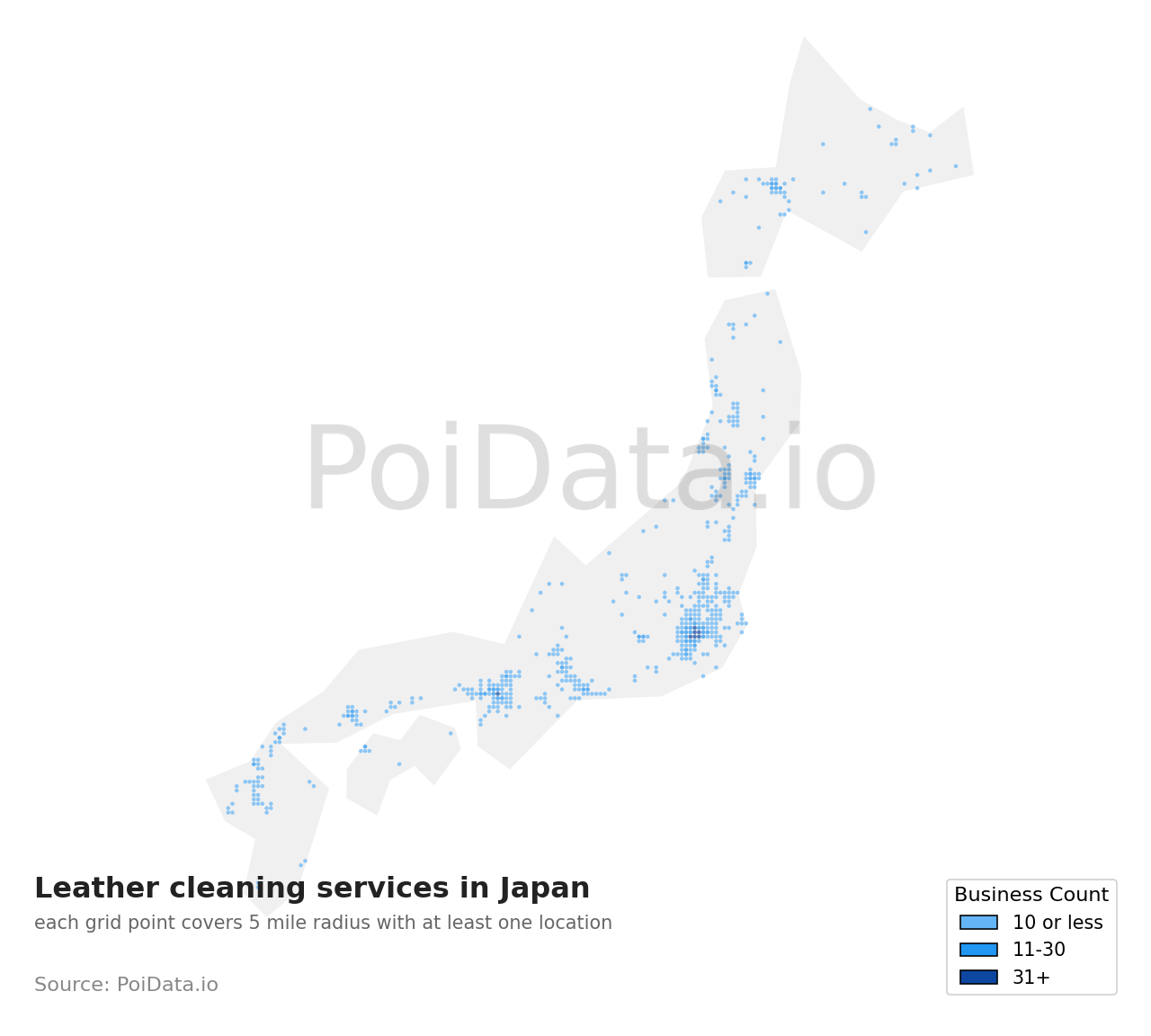 Leather cleaning service density map for Japan