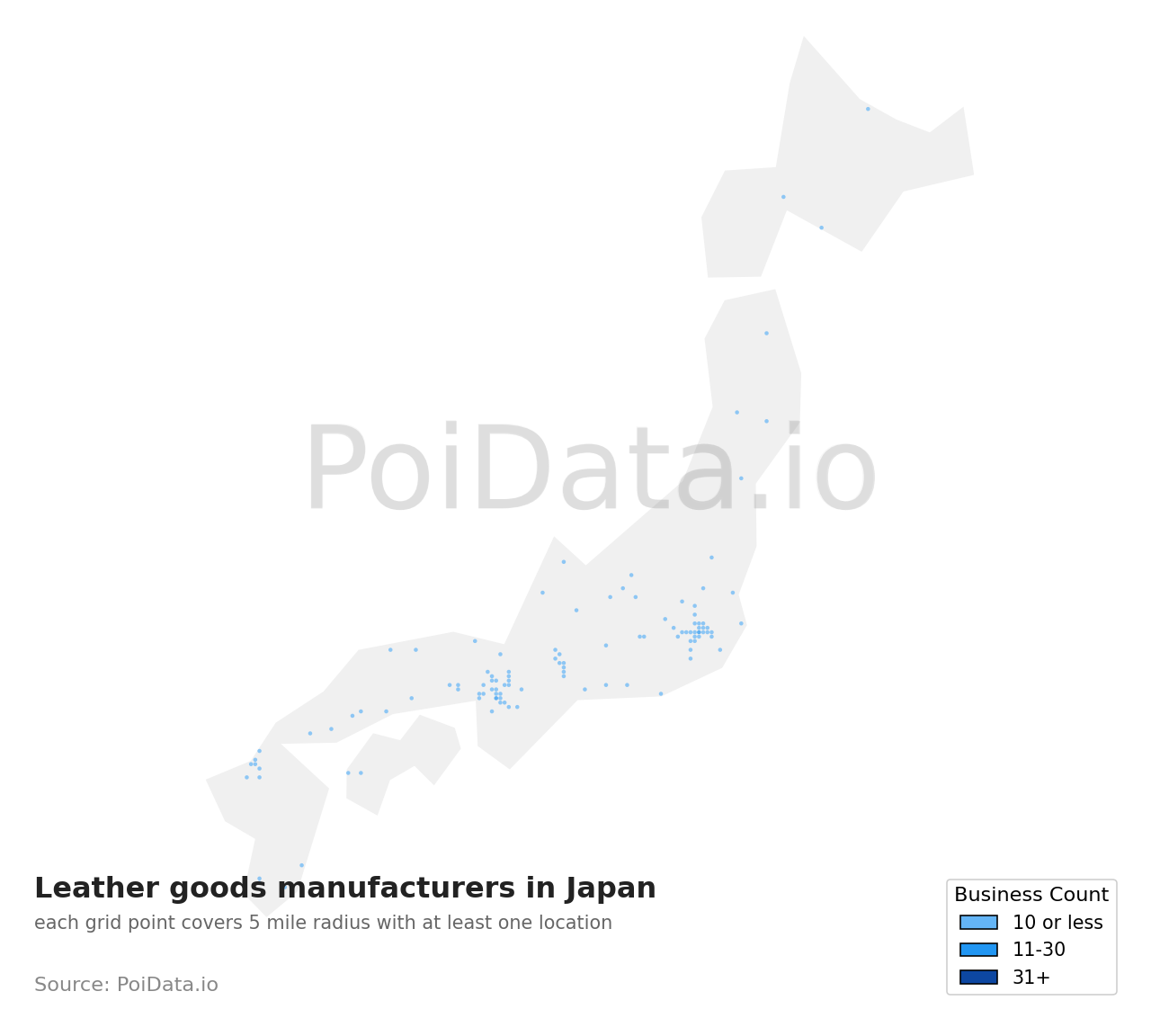 Leather goods manufacturer density map for Japan