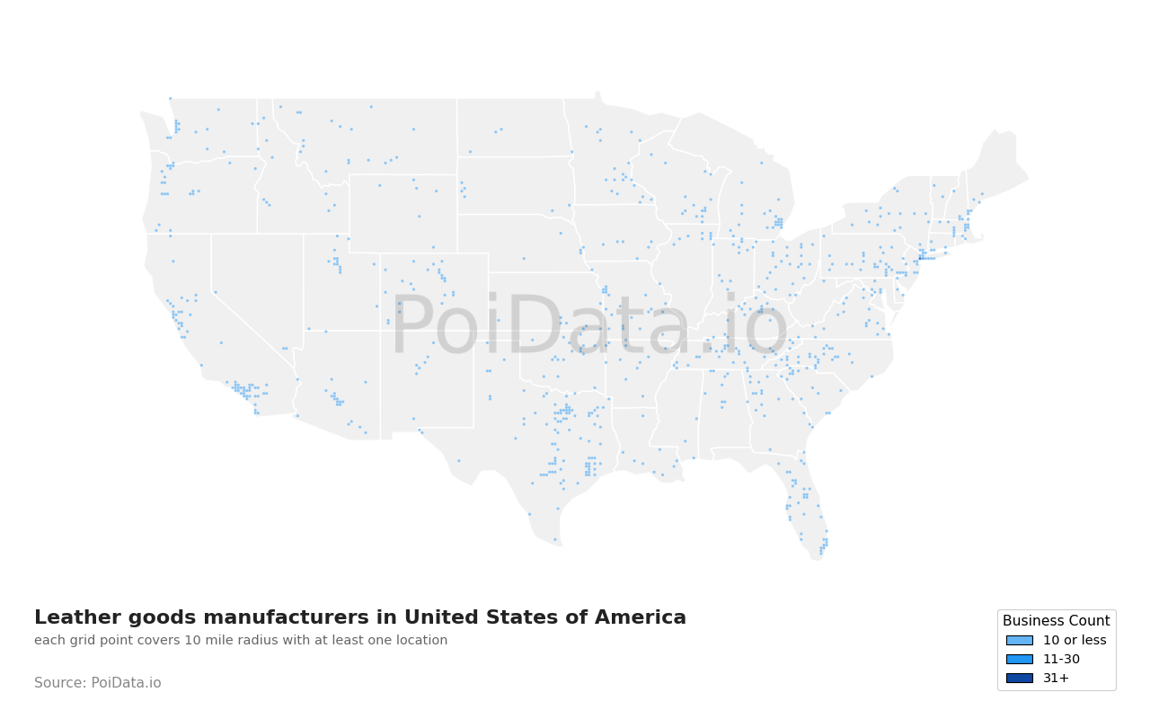 Leather goods manufacturer density map for Florida, United States