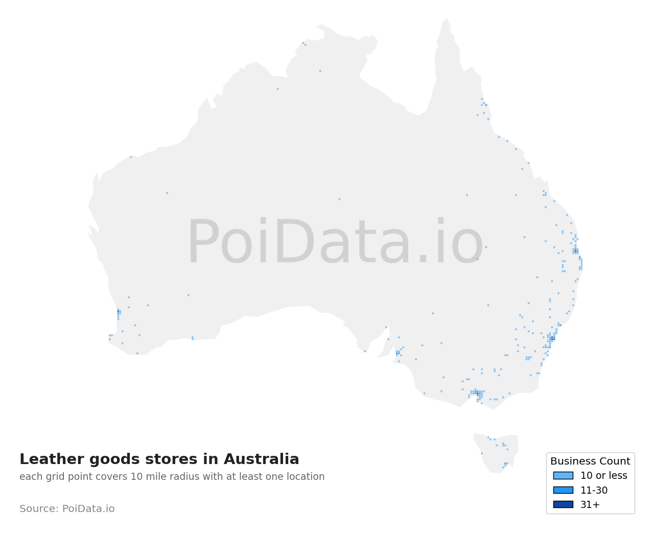 Leather goods store density map for ACT, Australia
